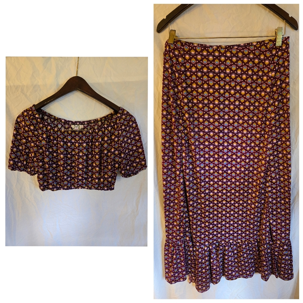 Vintage 70s Purple Crop Top and Maxi Skirt Set size Large